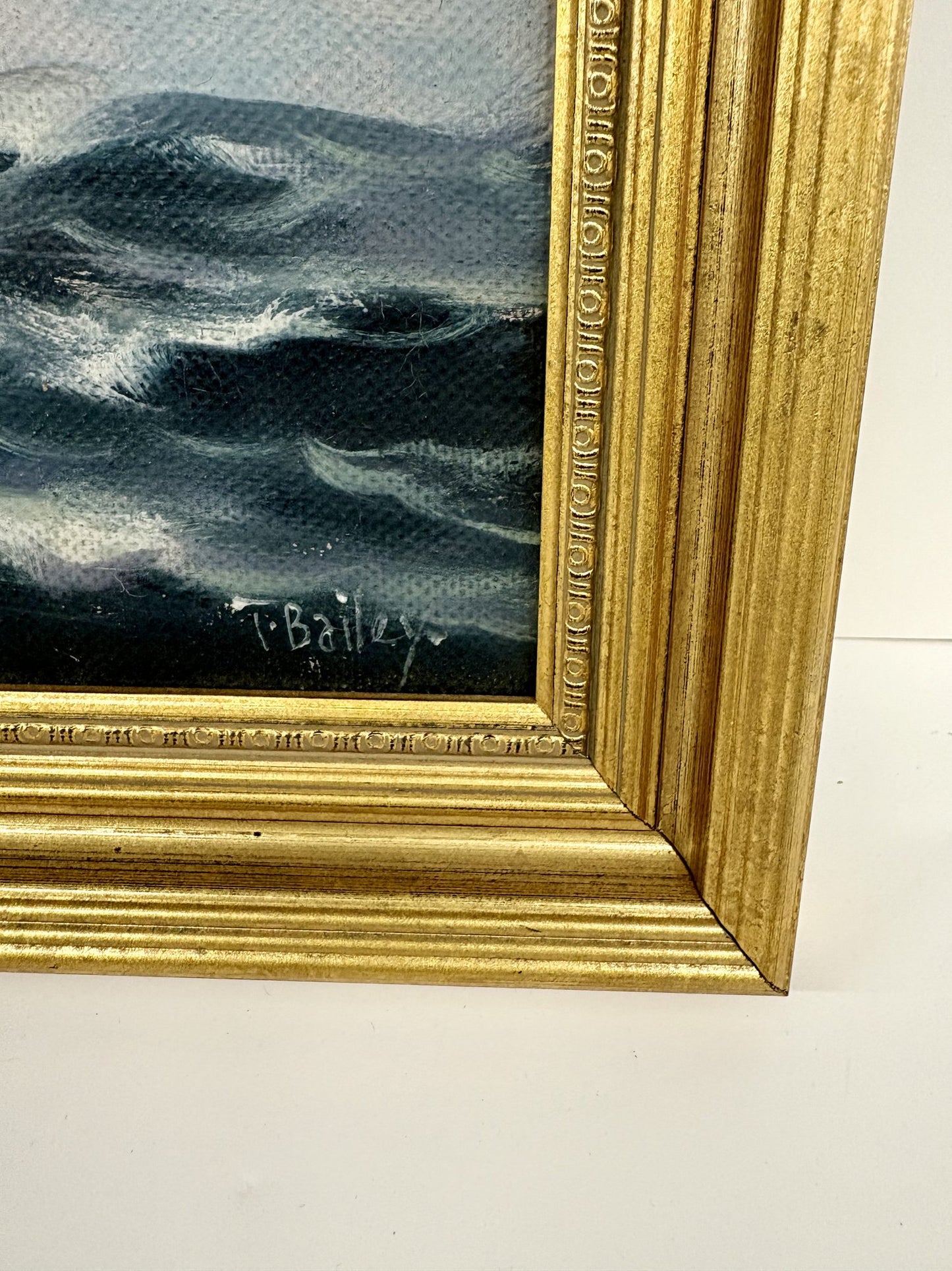 T. Bailey “Ship at Sea – Blue Sky, White Clouds” Oil Painting – 12.5” x 16.5” Framed
