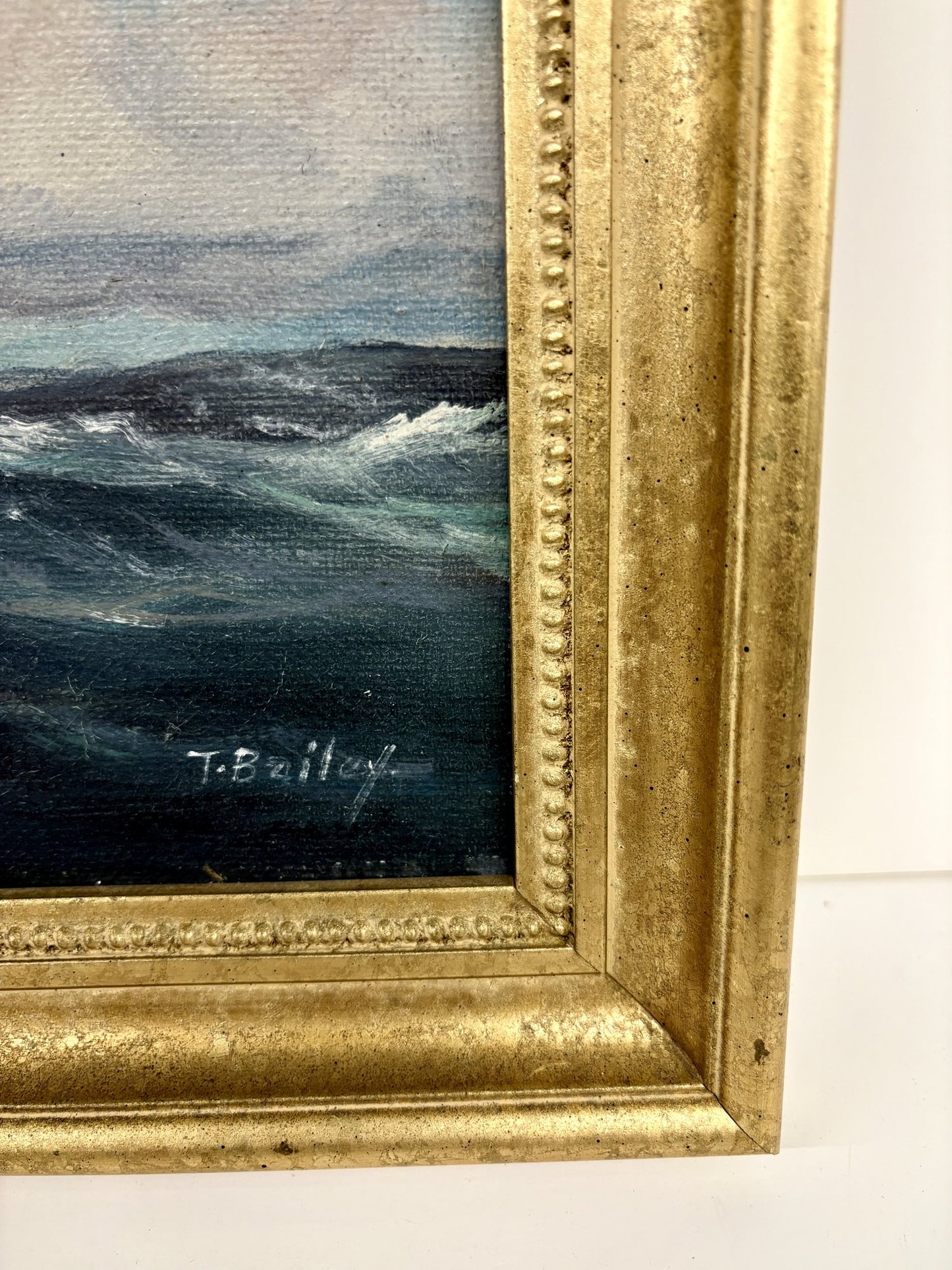 T. Bailey “Full Sail Ship at Sea” Oil Painting in Gilt Frame – 12.5” x 17”